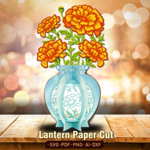 Lanterne à fleurs de souci découpée dans du papier, vase floral en couches en 3D pour cadeau de fête des mères, décoration d'automne ou travaux manuels de fleurs / K510
