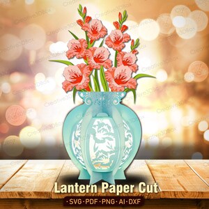 Gladiolen bloemenlantaarn papier gesneden, 3D gelaagde bloemenvaasontwerp met opliggende bloesems voor Tet, cadeau leraar of woondecoratie /K511