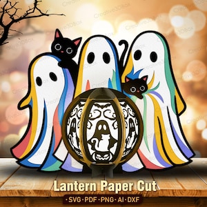 以下が含まれることがあります： ハロウィーンをテーマにしたペーパーカットデザイン。幽霊と猫のシルエットが描かれた装飾的なランタンが特徴で、3体の幽霊と2匹の黒猫に囲まれています。幽霊はカラフルなアクセントがあります。「Lantern Paper Cut」の文字が下にあります。