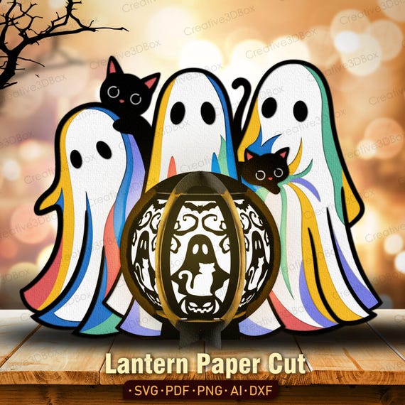 Halloween Ghost Lantern Papercut, Black Cat Lightbox Template, Cute Spooky Shadow Box, Haunted House Decor, DIY Halloween Gift Idea /K711