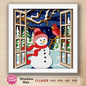 Snowman With Cardinal Shadow Box svg, Christmas shadow box, Snowman 3D Box, Cardinal Shadow Box, Christmas Decor, Snowman Svg, Cardinal Svg