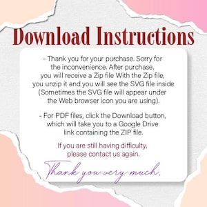 Puede incluir: Gr&aacute;fico de instrucciones de descarga digital con efecto de papel rasgado. El texto "Download Instructions" est&aacute; en la parte superior. Se proporcionan instrucciones sobre c&oacute;mo descargar archivos SVG y PDF. Las palabras "Thank you very much" est&aacute;n en la parte inferior.