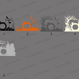May include: A selection of Halloween-themed decorative frames. Each frame has a circular aperture with spooky silhouettes, including ghosts, pumpkins, cats, and trees. The frames are in black, orange, grey, and off-white colours.