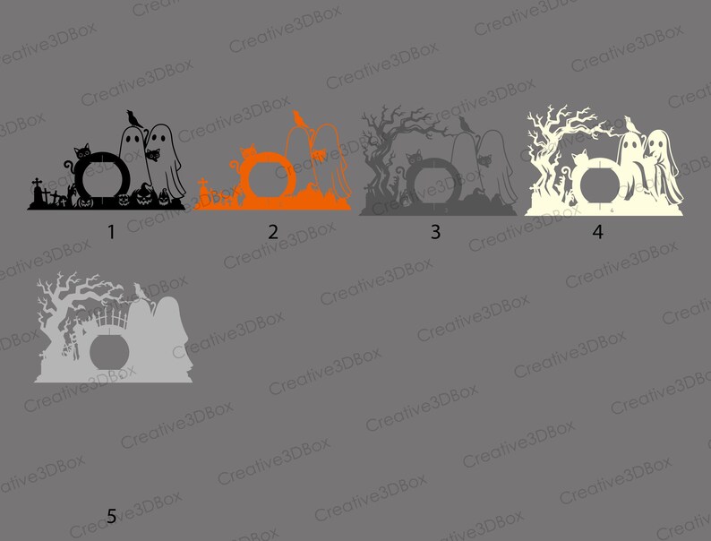 May include: A selection of Halloween-themed decorative frames. Each frame has a circular aperture with spooky silhouettes, including ghosts, pumpkins, cats, and trees. The frames are in black, orange, grey, and off-white colours.