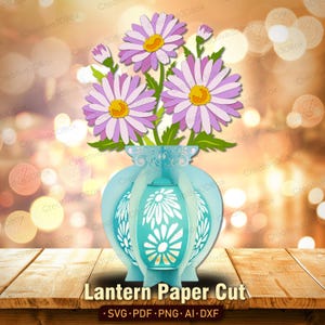 Lanterne marguerite violette en papier découpé, vase floral en couches 3D avec fleurs d'aster pour cadeau DIY, décoration de professeur ou travaux manuels printaniers/K513
