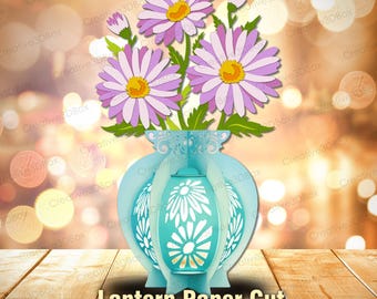 Purple Daisy Lantern Paper Cut, 3D Layered Floral Vase Design with Aster Blooms for DIY Gift, Teacher Decor or Spring Craft /K513