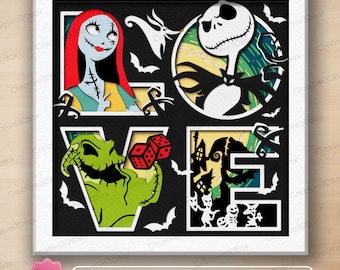 May include: A multi-layered shadow box art piece featuring the word LOVE. The letter L shows Sally, O features Jack Skellington, V displays Oogie Boogie with red dice, and E depicts a spooky house silhouette, all accented with small bats.