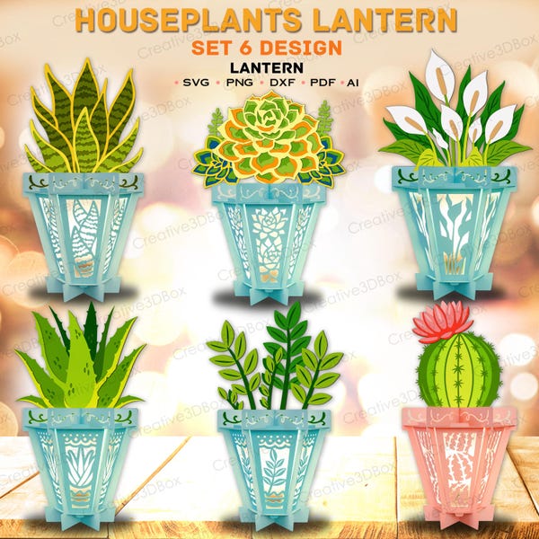 Pacote de SVGs para Lanternas com Plantas de Interior, Moldes 3D de Papel para Luminárias de Plantas para Cricut, Decoração com Suculentas, Cactos, Zamioculcas, Lírios-cobra e Babosa /K446