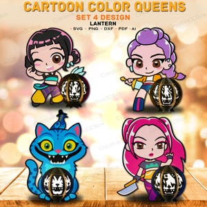 Peut inclure: Ensemble de quatre motifs de personnages de dessins animés avec des lanternes. Les motifs comprennent une fille qui fait un clin d'œil, une fille avec une queue de cheval, un chat bleu et une fille aux cheveux roses. Les lanternes sont noires avec un motif blanc.