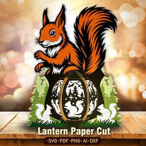Lanterne écureuil SVG, papier découpé 3D animal de la forêt, fichier Cricut bois pour décoration de chambre d'enfants, création artisanale sur le thème de la nature/K445