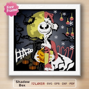 Caja de sombras de personajes de película SVG, Caja de sombras de Halloween SVG, Pesadilla antes de caja 3D, Decoración de Halloween, Regalo de Halloween