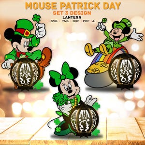 Mouse Saint Patricks Day Lantern Bundle, Patrick's Day Lantern svg, Cartoon Shadow Box, Cartoon Characters Lantern, Patrick's Day Gift /K153
