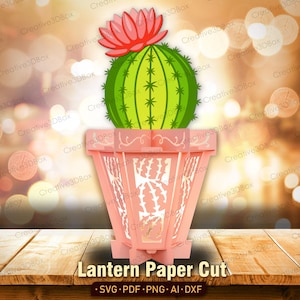 Lanterna de cacto SVG, caixa de luz de papel suculenta 3D para Cricut, decoração de artesanato com cactos em camadas para o verão, quarto infantil ou exibição de festa / K437