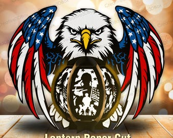 Bald Eagle Memorial Lantern SVG, Patriotic 3D Paper Cut Light Box, Military Tribute Lantern for Veterans and Memorial Day Decor /K471