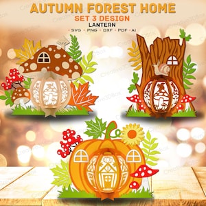 Lot de 3 lanternes de forêt féeriques, lot de 3 motifs d'automne en papier découpé avec des maisons de champignons, de souches d'arbre et de citrouilles pour une décoration d'automne DIY/K528