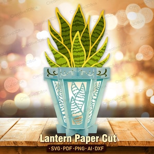Linterna de planta de serpiente SVG, caja de luz de papel 3D con maceta de sansevieria, decoración suculenta en capas de Cricut para habitación bohemia, regalo o manualidad de verano /K440