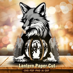 Lanterne renard papier découpé SVG | Boîte à ombres 3D animaux de la forêt renard clair