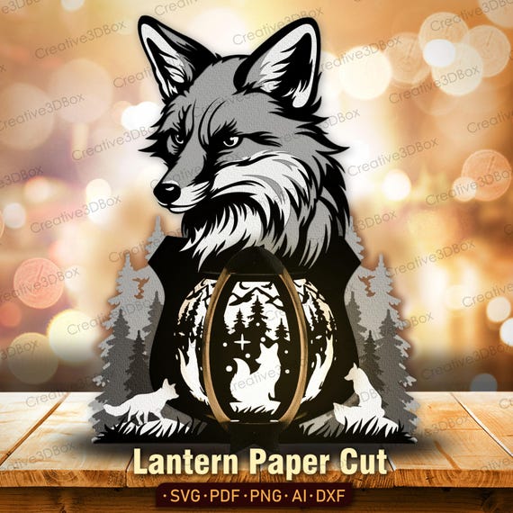 Fox Lantern Paper Cut SVG | 3D Forest Animal Shadow Box Light Fox