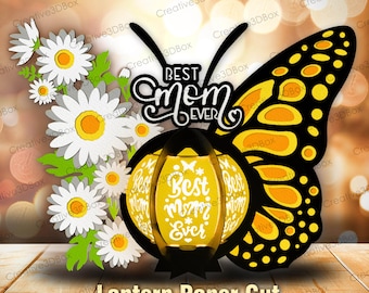 Butterfly Daisy Best Mom Ever Lantern Paper Cut File | Flower Daisy Lantern Floral Butterfly 3D Box Mother's Day Lantern Gift for Mom /K305