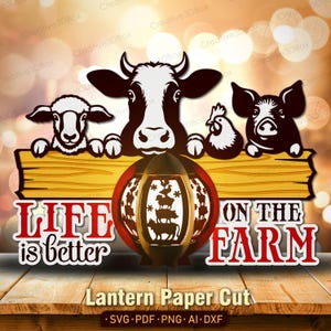 La vida es mejor en la granja: linterna de papel recortada, bonito letrero de animales de granja en capas 3D con vaca, cerdo y oveja para decoración rústica/K500
