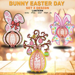 Lot de 3 lanternes de Pâques en papier découpé | Lanterne de lapin de Pâques uf de Pâques en forme d'arbre Lanterne de Pâques décorative Oeufs de lapin de Pâques Noeud de Pâques /K210