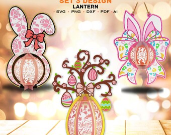 Confezione da 3 lanterne pasquali in carta tagliata / lanterne pasquali a forma di coniglietto pasquale, lanterne pasquali a forma di albero, uova di coniglietto pasquali decorative, fiocchi pasquali / K210