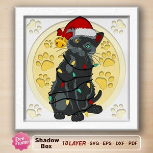 Weihnachten schwarze Katze Schattenbox svg, schwarze Katze Schattenbox svg, Frohe Weihnachten Katze SVG, schwarze Katze 3D Box, Weihnachtskatzen, Weihnachtsbaum