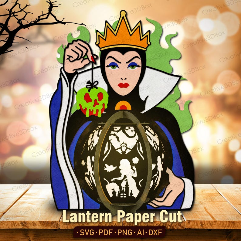 Puede incluir: Un dise&ntilde;o de corte de papel que presenta a una reina sosteniendo una linterna y una manzana envenenada. La reina lleva una corona y un vestido negro y azul. La linterna tiene un dise&ntilde;o de silueta. El texto "Lantern Paper Cut" est&aacute; en la parte inferior.
