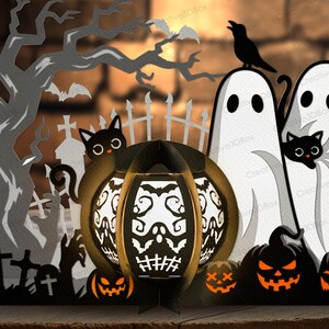 May include: A Halloween papercraft scene with a pumpkin lantern, skull design, black cats, ghosts, and jack-o'-lanterns. The scene includes a graveyard, a tree, and a crow. The color scheme is black, white, and orange.