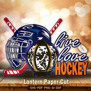 Lanterne de hockey SVG, boîte à lumière lanterne en papier hockey sur glace, Live Love Hockey casque bâton SVG, fichier Cricut Sports Shadow Box /K464
