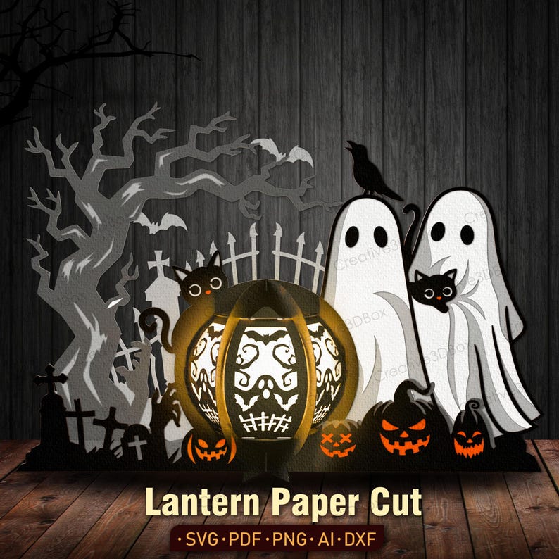 May include: A Halloween paper cut design featuring a glowing pumpkin lantern with a skull design, ghosts, black cats, and jack-o'-lanterns. The design includes a graveyard scene with a tree and the text "Lantern Paper Cut".