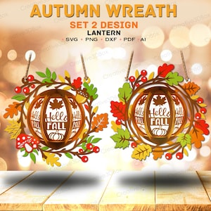 Lanterne d'automne suspendue SVG, guirlande d'automne lumière découpée en papier, enseigne papercraft en couches 3D pour décoration de porte et action de grâces DIY/K535