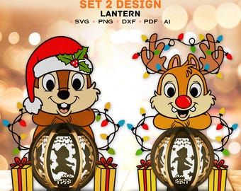 May include: Two Christmas-themed lantern designs featuring a cartoon squirrel wearing a Santa hat and a reindeer hat. Both squirrels are holding a round lantern with a silhouette of a squirrel inside. The lanterns are surrounded by Christmas lights.