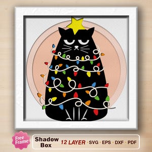 Lustig schwarze Katze Schattenbox svg, Weihnachten schwarze Katze Schattenbox svg, Frohe Weihnachten Katze SVG, schwarze Katze 3D Box, Weihnachtskatzen, Weihnachtsbaum