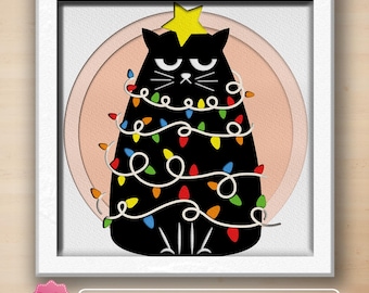 Funny Black cat Shadow Box svg, Christmas Black Cat shadow box Svg, Merry Christmas Cat SVG, Black Cat 3D Box, Christmas Cats,Christmas Tree