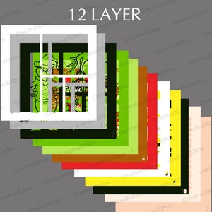 May include: A layered design featuring the text "12 LAYER" at the top. The design includes a white square frame with a green and black image, and several colored layers in shades of green, brown, red, yellow, black, and beige.