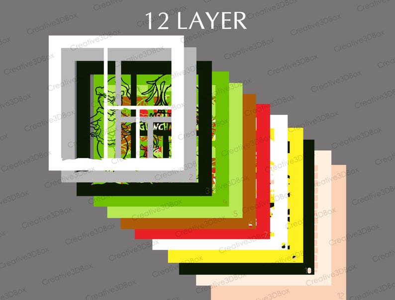 May include: A layered design featuring the text "12 LAYER" at the top. The design includes a white square frame with a green and black image, and several colored layers in shades of green, brown, red, yellow, black, and beige.