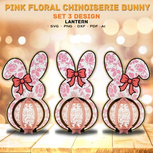 Confezione da 3 lanterne coniglietto pasquali SVG, coniglietto cineseria floreale rosa svg, scatola delle ombre coniglietto pasquale, regalo di Pasqua, decorazioni pasquali, lanterna coniglietto /K218