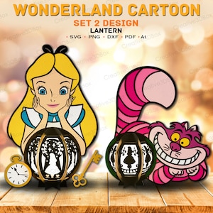 May include: A colourful illustration of characters from Alice in Wonderland, including Alice, the Cheshire Cat, and two lanterns. The lanterns have detailed cut-out designs. A clock and key are also present. The text "WONDERLAND CARTOON" and "SET 2 DESIGN LANTERN" is visible.