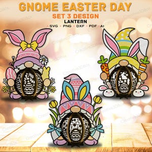 Pack de 3 lanternes gnomes de Pâques en papier découpé | Lanterne printanière nain pour nain de Pâques, boîte à ombres, lapin de Pâques, lanterne décorative pour nain/K205