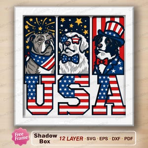 Peut inclure: Un design de boîte à ombre patriotique avec trois chiens vêtus de tenues rouges, blanches et bleues. Le mot "USA" est affiché en lettres audacieuses avec un motif d'étoiles et de rayures. Le design comprend des feux d'artifice et des étoiles.