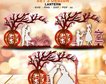 Romantische Papierlaterne für Paare (SVG-Bundle), Valentinstags-Papierlaterne zum Ausschneiden, Dekoration zum Hochzeitstag, 3D-Basteldateien (digital) /K1009