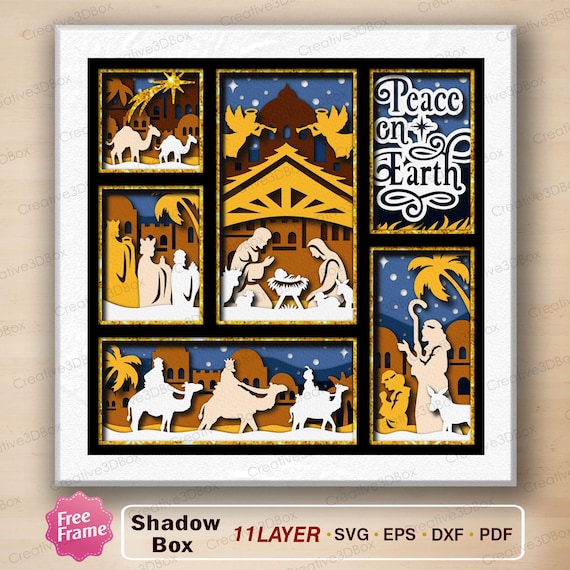 Peace On Earth Shadow Box SVG, Nativity Christmas Shadow Box, Religious Christmas Decor, Layered Paper Art, Light Box SVG /K999