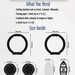 Puede incluir: Diagrama para un proyecto de farol grande de pie, con dimensiones en mil&iacute;metros. Incluye formas con medidas como 140 mm x 140 mm, 73 mm x 73 mm y 61 mm x 149 mm. El texto incluye "Trick or Treat".