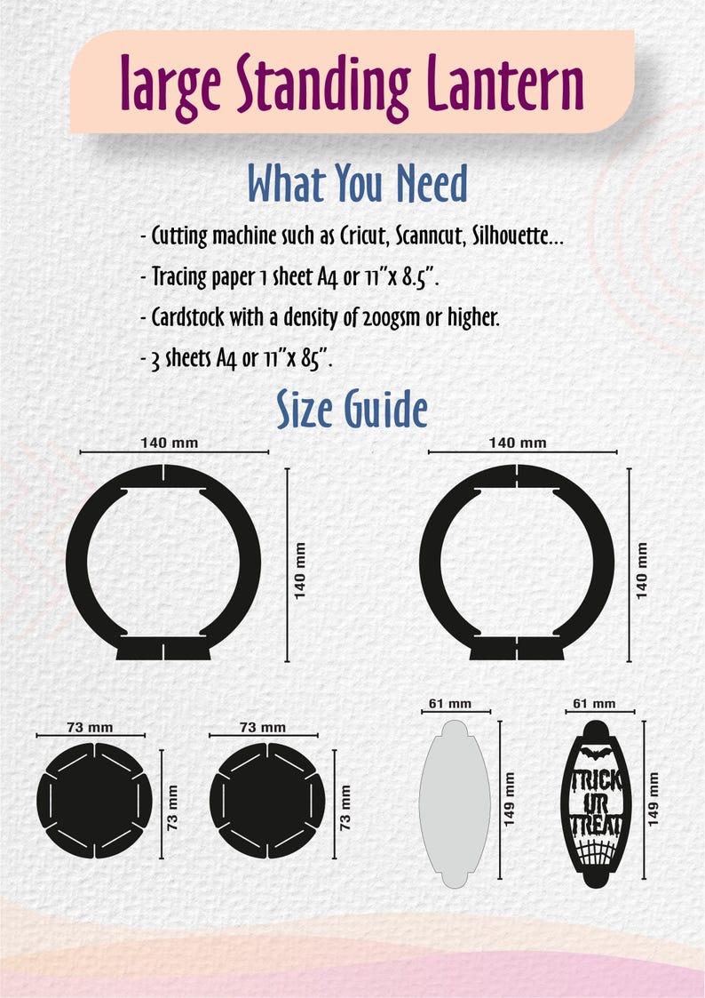 Puede incluir: Diagrama para un proyecto de farol grande de pie, con dimensiones en mil&iacute;metros. Incluye formas con medidas como 140 mm x 140 mm, 73 mm x 73 mm y 61 mm x 149 mm. El texto incluye "Trick or Treat".