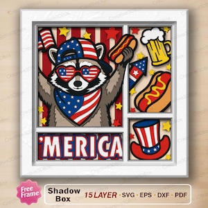 May include: A patriotic shadow box featuring a raccoon wearing sunglasses, a hat, and a bandana, all in red, white, and blue. The word "'MERICA" is displayed below the raccoon, with images of hot dogs, beer, and fireworks.