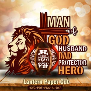 Christian Dad Laterne Papierschnitt, 3D-Design mit Löwe und Kreuz mit Best Dad Zitat für Vatertag oder religiöses Geschenkdekor / K509