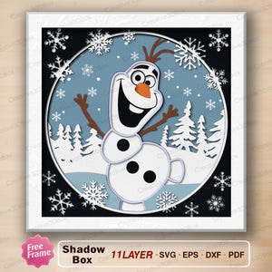 May include: A layered shadow box featuring Olaf the snowman from Frozen, set against a winter scene with snowflakes and pine trees. The artwork is framed in white and includes the text "Shadow Box 11 LAYER SVG EPS DXF PDF".