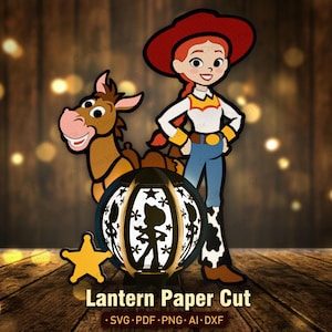 May include: A decorative paper cut lantern featuring a silhouette of a cowgirl, accompanied by a colorful illustration of a cowgirl and a brown horse, plus a yellow star-shaped badge. The text reads Lantern Paper Cut SVG PDF PNG AI DXF.