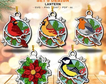 May include: Set of five Christmas ornaments with bird designs. Each ornament is a circular shape with a bird illustration, including a cardinal, robin, and other birds, set against a blue background. The ornaments have a snowflake border and a gold ribbon for hanging.